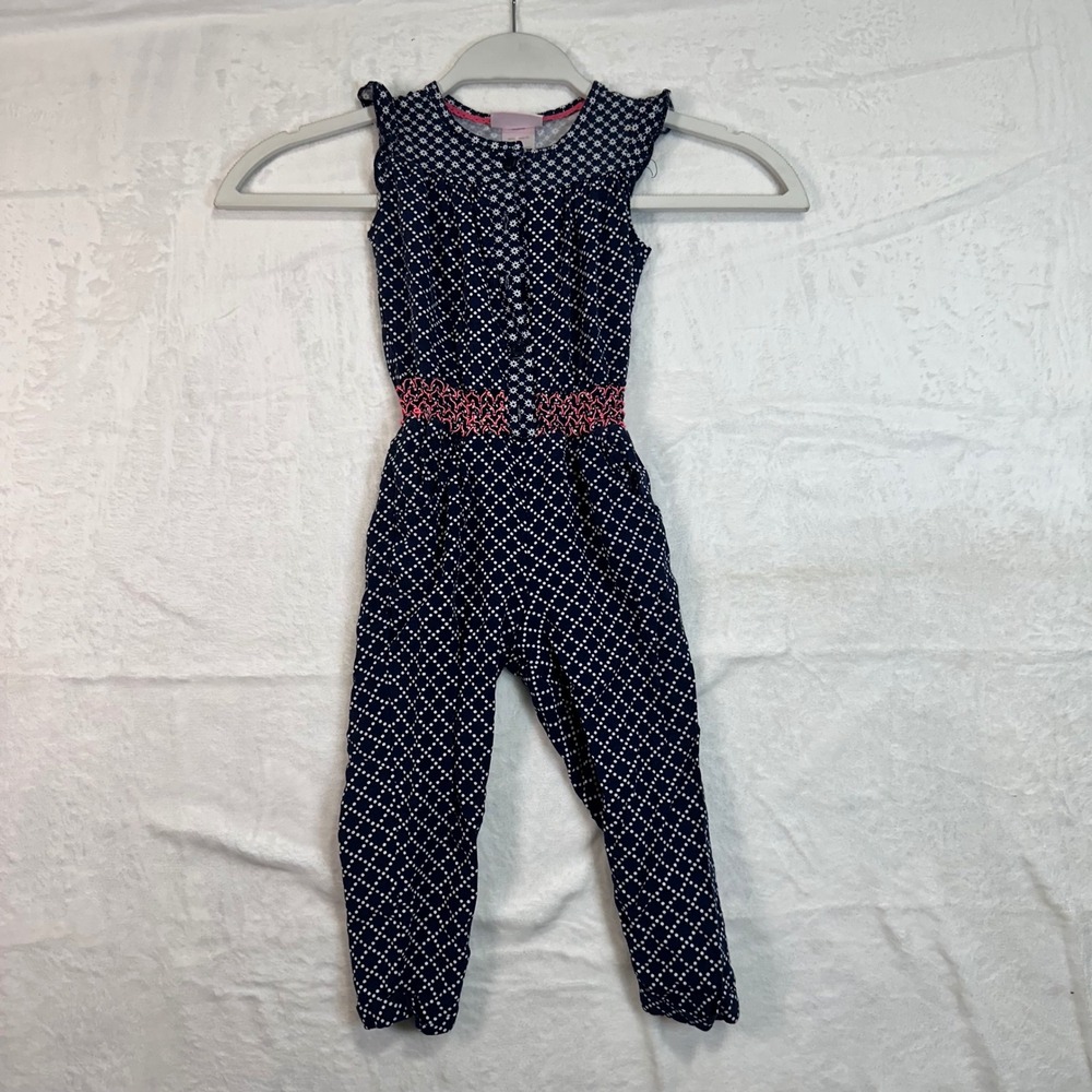 Little Lass Jumpsuit 4T Navy Blue smocked Waist Floral Girls